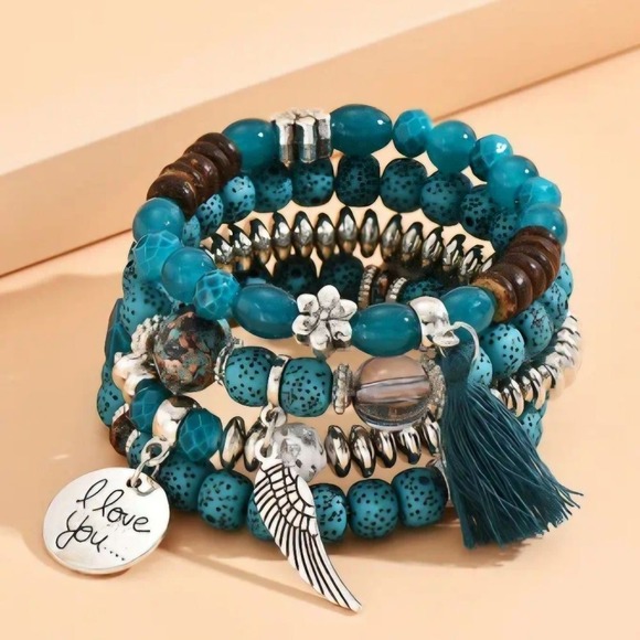 Hand Crafted Jewelry - NWT Bracelet Malachite Green Tassel I Love You Multilayer Beaded Bohemian Angel
